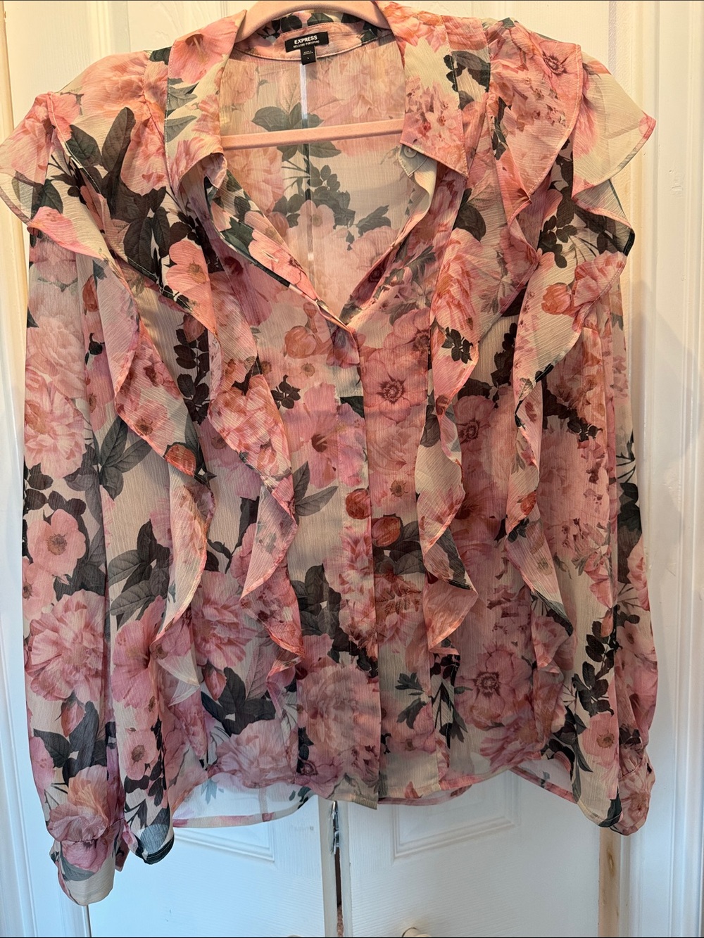 Express Pink Floral Ruffle Sheer Blouse